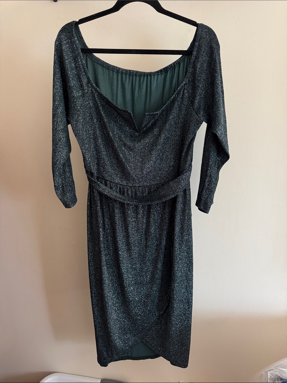 Metallic Dark Green Long-Sleeve Scoop Neck Dress